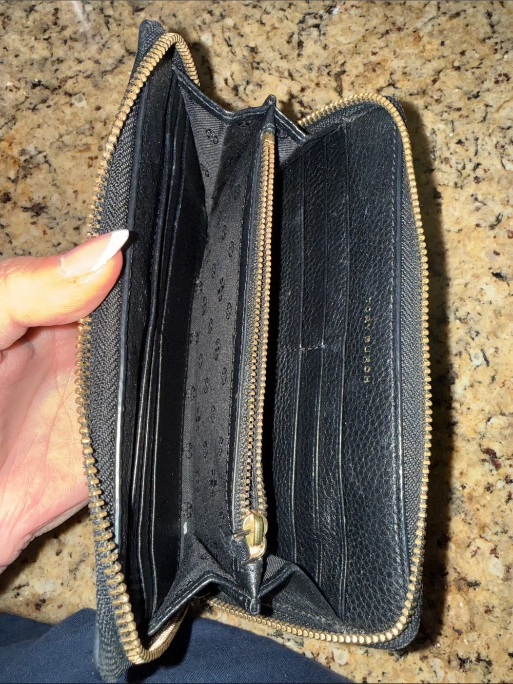 Tory Burch Black Leather Zip Wallet with Gold Logo